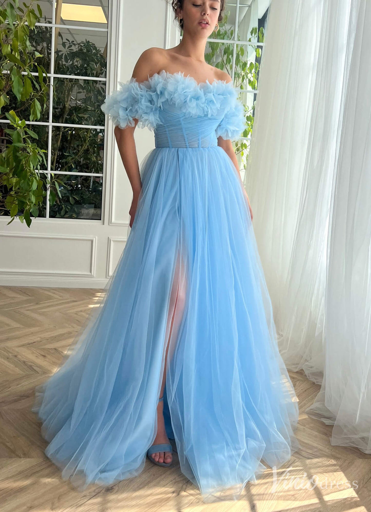 Light Blue Ruffled Prom Dresses with Slit Off the Shoulder Formal Dress TO027