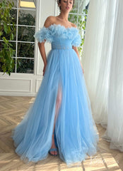 Light Blue Ruffled Prom Dresses with Slit Off the Shoulder Formal Dress TO027