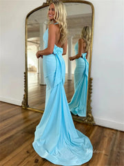 Light Blue Satin Mermaid Prom Dresses with Halter Neck & Bow Tie Back - FD6002
