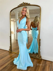 Light Blue Satin Mermaid Prom Dresses with Halter Neck & Bow Tie Back - FD6002