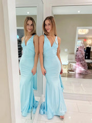 Light Blue Satin Mermaid Prom Dresses with V-Neck & Open Back - FD6030