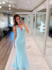 Light Blue Satin Mermaid Prom Dresses with V-Neck & Open Back - FD6030