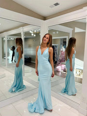 Light Blue Satin Mermaid Prom Dresses with V-Neck & Open Back - FD6030