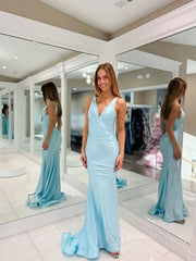 Light Blue Satin Mermaid Prom Dresses with V-Neck & Open Back - FD6030