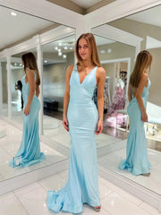 Light Blue Satin Mermaid Prom Dresses with V-Neck & Open Back - FD6030