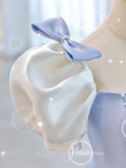 Light Blue Satin Prom Dresses Puffed Sleeve Formal Gown FD3247
