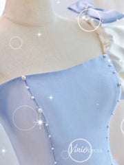 Light Blue Satin Prom Dresses Puffed Sleeve Formal Gown FD3247
