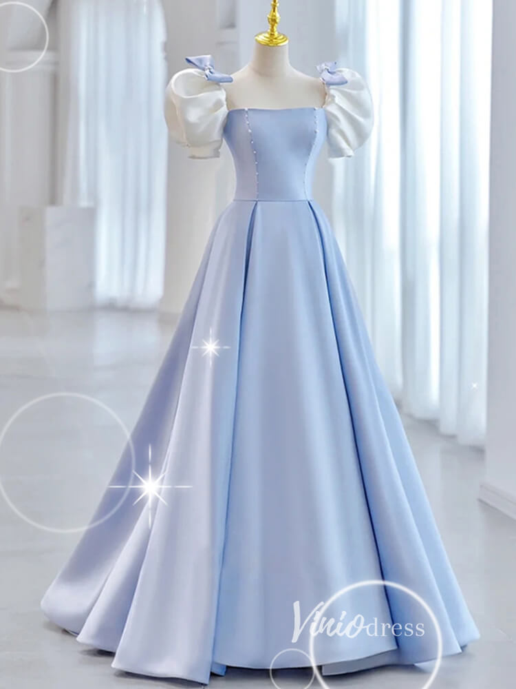Light Blue Satin Prom Dresses Puffed Sleeve Formal Gown FD3247