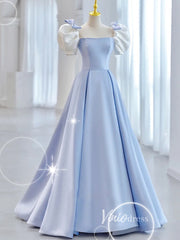 Light Blue Satin Prom Dresses Puffed Sleeve Formal Gown FD3247