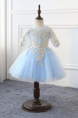 Light Blue Scoop Neck Half Sleeves Ball Gown Flower Girls Dress