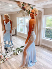 Light Blue Sheath Prom Dress Beaded Sheer Side & Backless Evening Gown FD3668