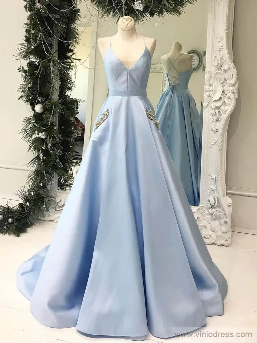 Light Blue Simple Long Prom Dresses with Pockets Formal Gown FD1256