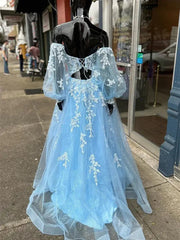 Light Blue Sparkly Tulle Lace Prom Dresses 2025 Removable Long Sleeve Formal Gown - FD5157
