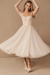 White Short Bridal Dress A-Line Sweetheart Pearls Tea Length Wedding Dress Spaghetti Straps
