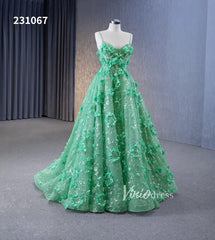 Light Green 3D Flower Lace Prom Dresses Spaghetti Strap Formal Dress 231067