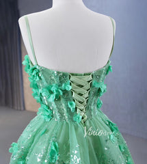 Light Green 3D Flower Lace Prom Dresses Spaghetti Strap Formal Dress 231067