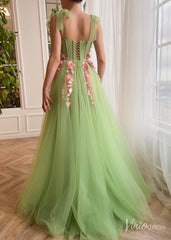 Light Green 3D Flower Prom Dresses with Pockets Bow Strap Floral Gown with Slit TO019