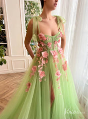 Light Green 3D Flower Prom Dresses with Pockets Bow Strap Floral Gown with Slit TO019