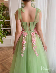 Light Green 3D Flower Prom Dresses with Pockets Bow Strap Floral Gown with Slit TO019