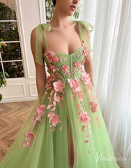 Light Green 3D Flower Prom Dresses with Pockets Bow Strap Floral Gown with Slit TO019