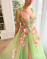 Light Green 3D Flower Prom Dresses with Pockets Bow Strap Floral Gown with Slit TO019