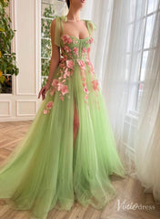 Light Green 3D Flower Prom Dresses with Pockets Bow Strap Floral Gown with Slit TO019