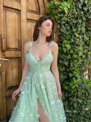 Light Green Butterfly Tulle Prom Dresses with Slit & Spaghetti Straps - TO0007