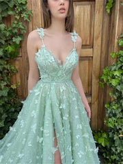 Light Green Butterfly Tulle Prom Dresses with Slit & Spaghetti Straps - TO0007