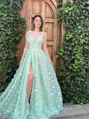 Light Green Butterfly Tulle Prom Dresses with Slit & Spaghetti Straps - TO0007