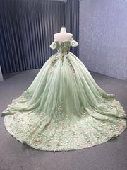 Light Green Lace Applique Sweet 16 Ball Gowns Off the Shoulder Wedding Dresses 222240B