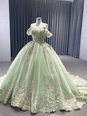 Light Green Lace Applique Sweet 16 Ball Gowns Off the Shoulder Wedding Dresses 222240B