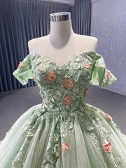 Light Green Lace Applique Sweet 16 Ball Gowns Off the Shoulder Wedding Dresses 222240B