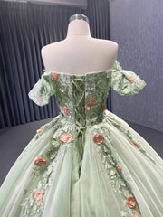 Light Green Lace Applique Sweet 16 Ball Gowns Off the Shoulder Wedding Dresses 222240B
