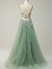 Light Green Lace Prom Dresses with Slit, V-Neck & Spaghetti Strap - FD5156