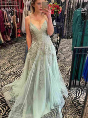 Light Green Lace Prom Dresses with Slit, V-Neck & Spaghetti Strap - FD5156