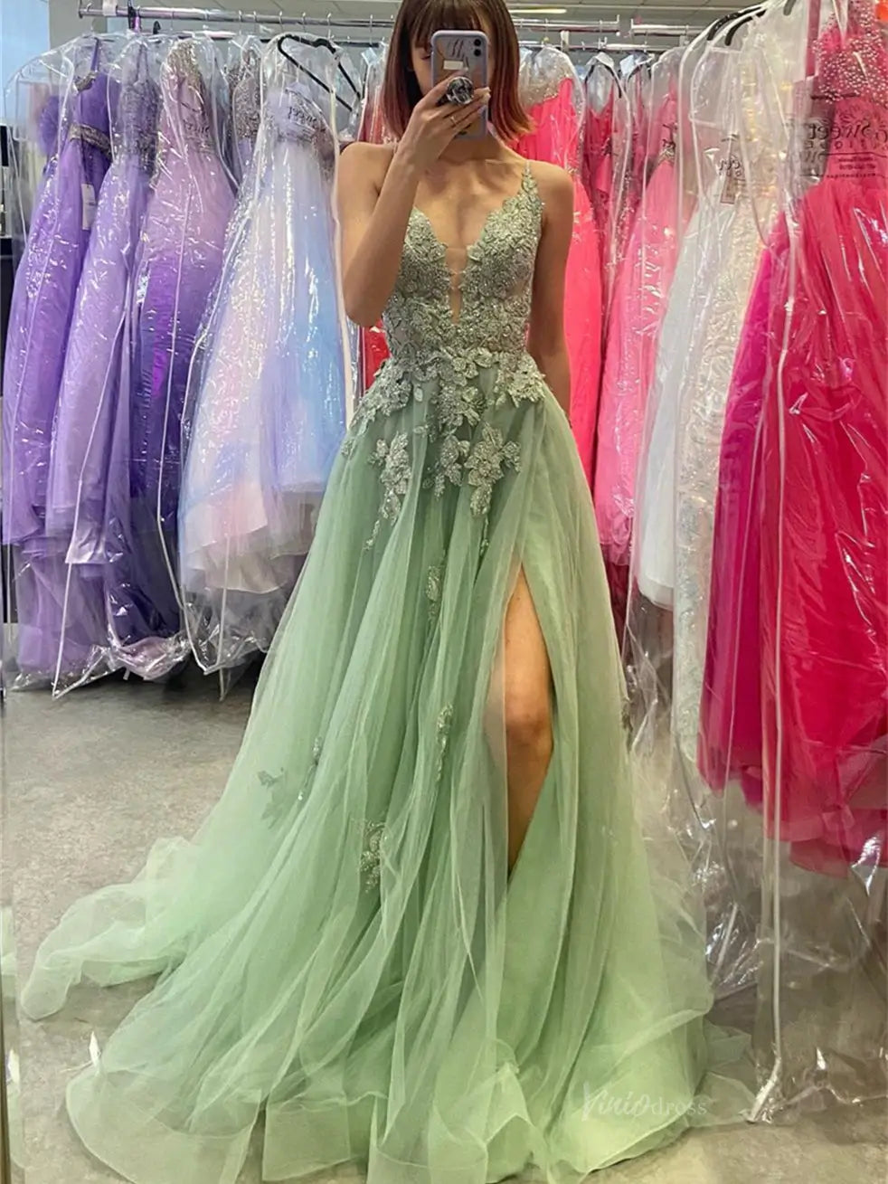 Light Green Lace Prom Dresses with Slit, V-Neck & Spaghetti Strap - FD5156