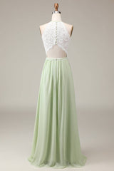 Light Green Lace Top A-Line Long Bridesmaid Dress