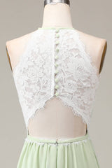 Light Green Lace Top A-Line Long Bridesmaid Dress