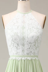Light Green Lace Top A-Line Long Bridesmaid Dress