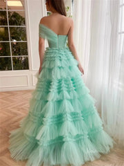 Light Green Pleated Tulle Prom Dresses with One Shoulder & Tiered Bottom - TO0008