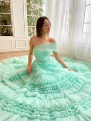 Light Green Pleated Tulle Prom Dresses with One Shoulder & Tiered Bottom - TO0008