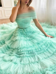 Light Green Pleated Tulle Prom Dresses with One Shoulder & Tiered Bottom - TO0008