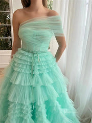 Light Green Pleated Tulle Prom Dresses with One Shoulder & Tiered Bottom - TO0008
