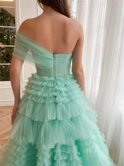 Light Green Pleated Tulle Prom Dresses with One Shoulder & Tiered Bottom - TO0008