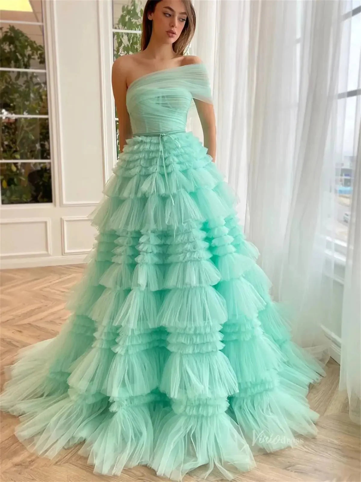 Light Green Pleated Tulle Prom Dresses with One Shoulder & Tiered Bottom - TO0008