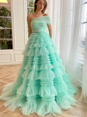 Light Green Pleated Tulle Prom Dresses with One Shoulder & Tiered Bottom - TO0008