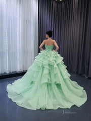 Light Green Ruffle Wedding Gown Beaded Strapless Quinceanera Dress 241058