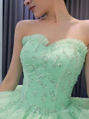 Light Green Ruffle Wedding Gown Beaded Strapless Quinceanera Dress 241058