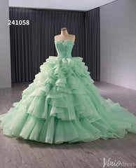 Light Green Ruffle Wedding Gown Beaded Strapless Quinceanera Dress 241058
