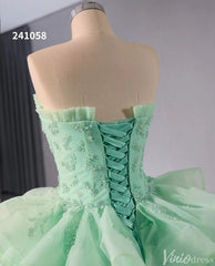 Light Green Ruffle Wedding Gown Beaded Strapless Quinceanera Dress 241058
